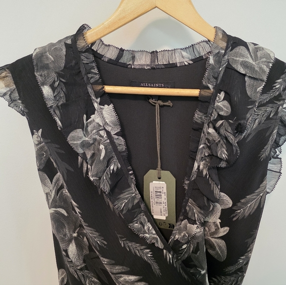 NWT All Saints Ari Mia Chiffron Black White Floral Wrap Dress Size US 10 - Picture 5 of 9